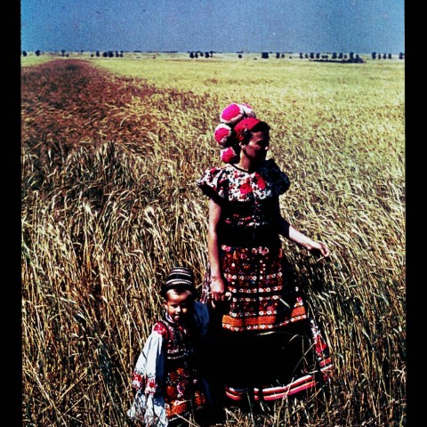 Matyo folk dress on little boy and mom 1940 Mezokovesd